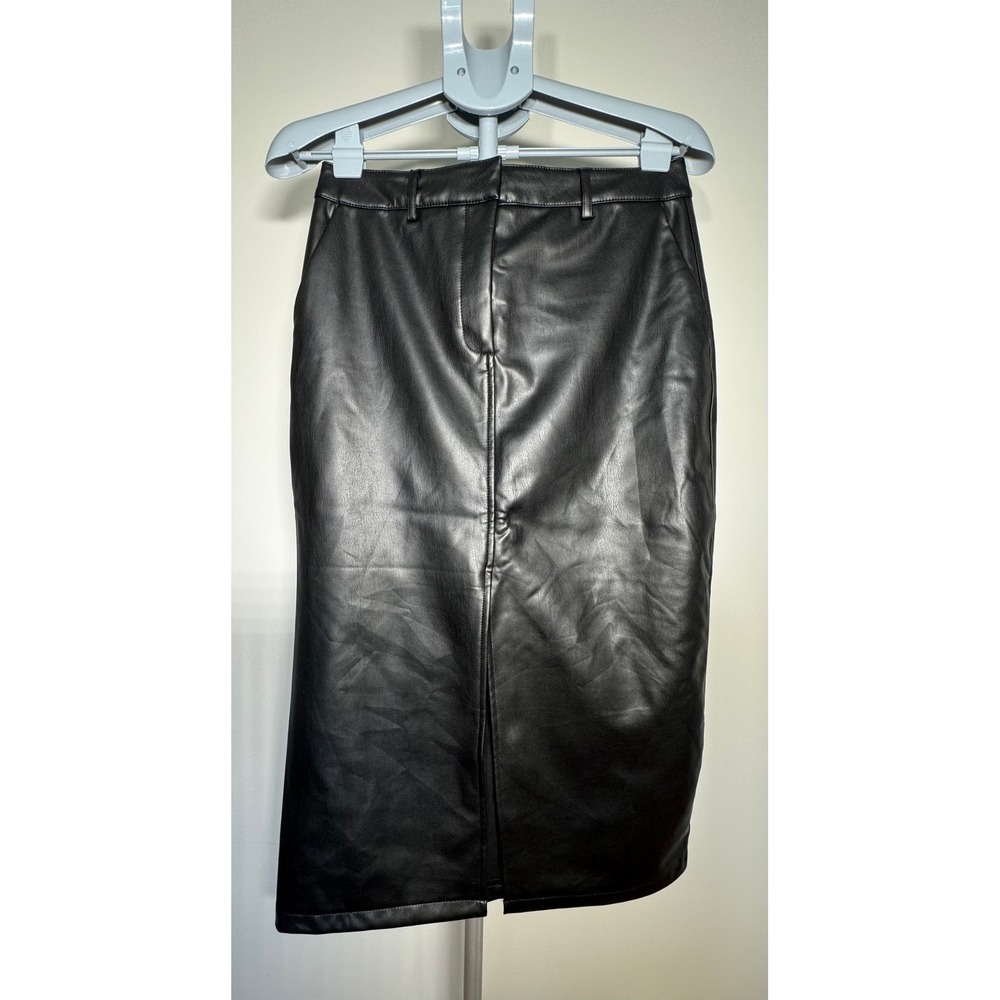 Dynamite Black Faux Leather Midi Skirt High Waisted Front Slit Size M 100093195